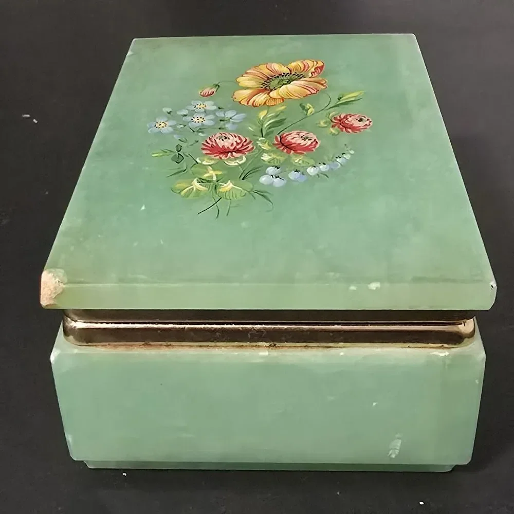 Alabaster Green ONYX Floral Keepsake‎ Trinket Box Marble Gold